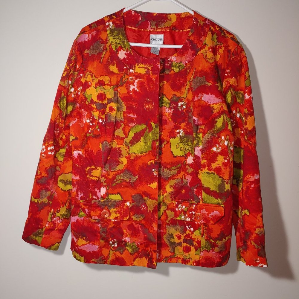 Chico’s Abstract Print Button Front Blazer Size 3 (XL/16) Red